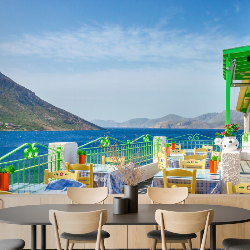 Fototapete sonnige terrasse am meer mit küstenblick – Wallnifity®