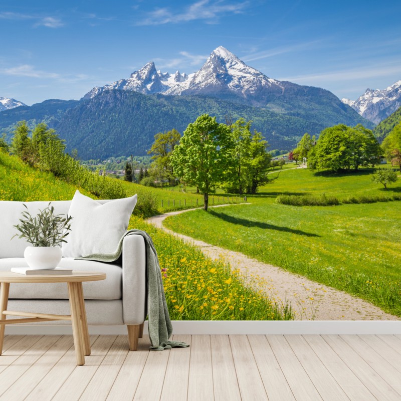 Fototapete alpine frühlingswiese mit schneebedeckten gipfeln – Wallnifity®