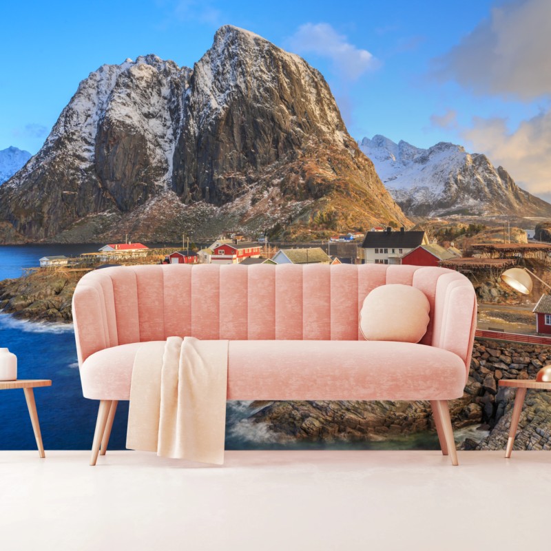 Fototapete küstendorf in Norwegen mit roten fischerhütten – Wallnifity®