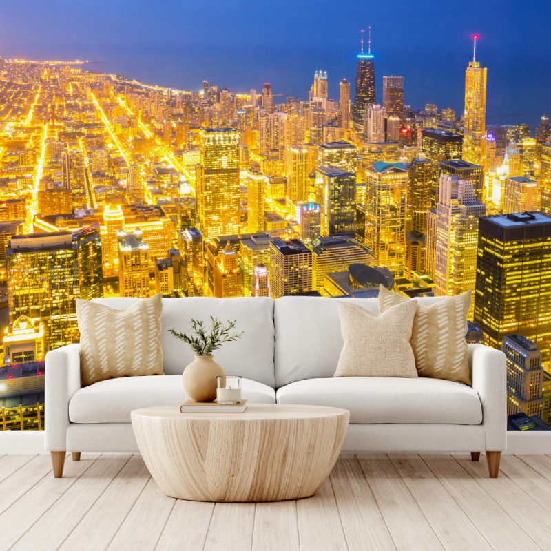 Fototapete luftaufnahme der nächtlichen skyline von Chicago – Wallnifity®