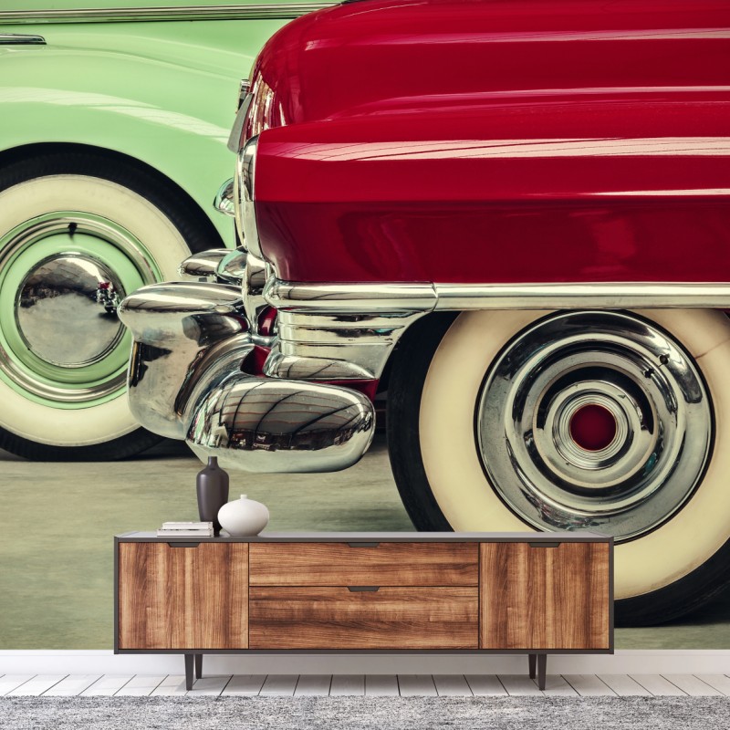 Fototapete nahaufnahme klassischer autos in rot und mint – Wallnifity®