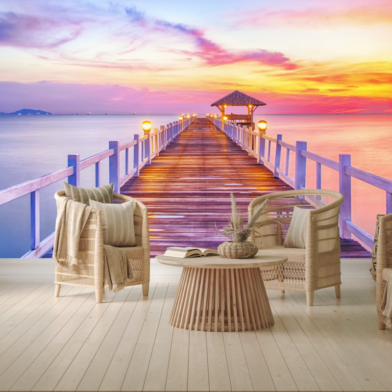 Fototapete sonnenuntergang am steg zum ruhigen horizont – Wallnifity®