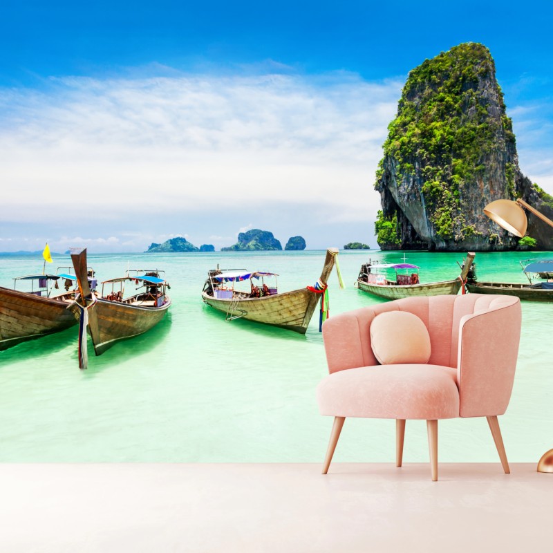 Fototapete tropische longtail-boote am türkisfarbenen strand – Wallnifity®