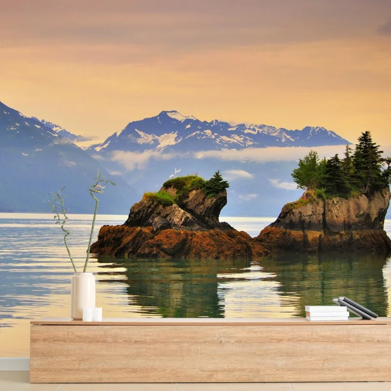 Fototapete ruhige inselspiegelungen bei sonnenuntergang