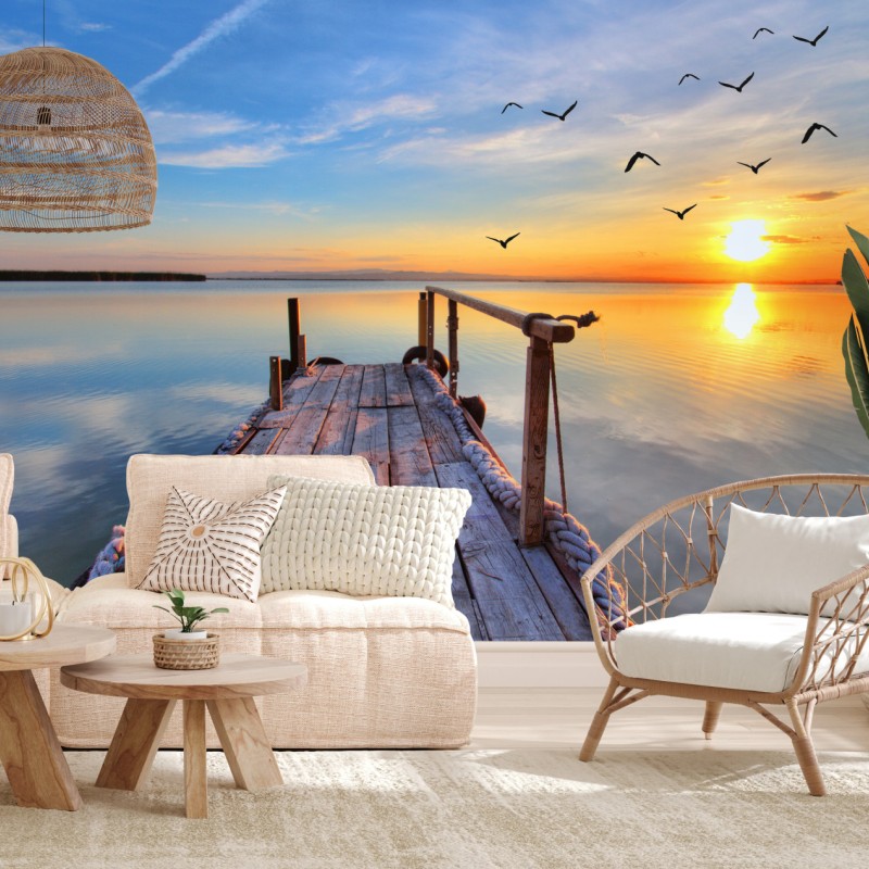 Fototapete sonnenuntergang am hölzernen steg – Wallnifity®
