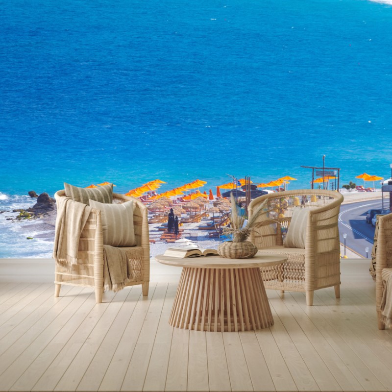 Fototapete Rhodos strand mit bunten sonnenschirmen – Wallnifity®