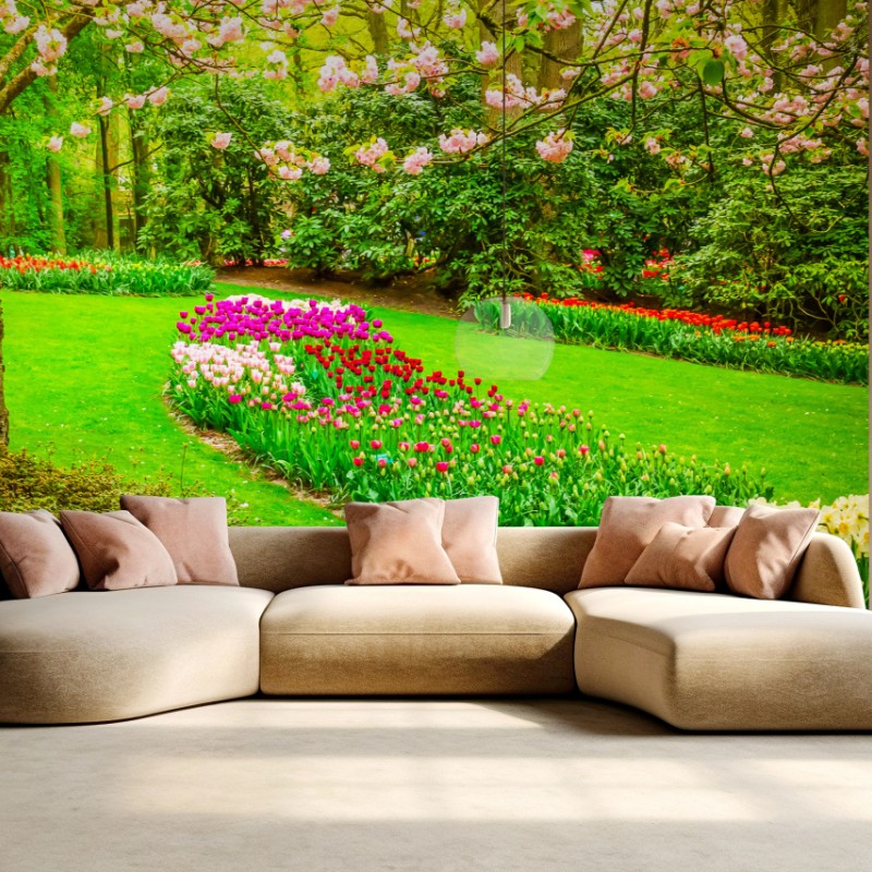 Fototapete frühlingsgarten in blüte: tulpen und kirschblüten – Wallnifity®