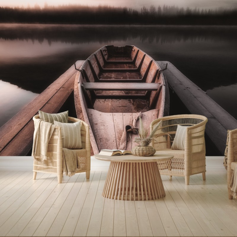 Fototapete nebliges boot am bergsee – Wallnifity®