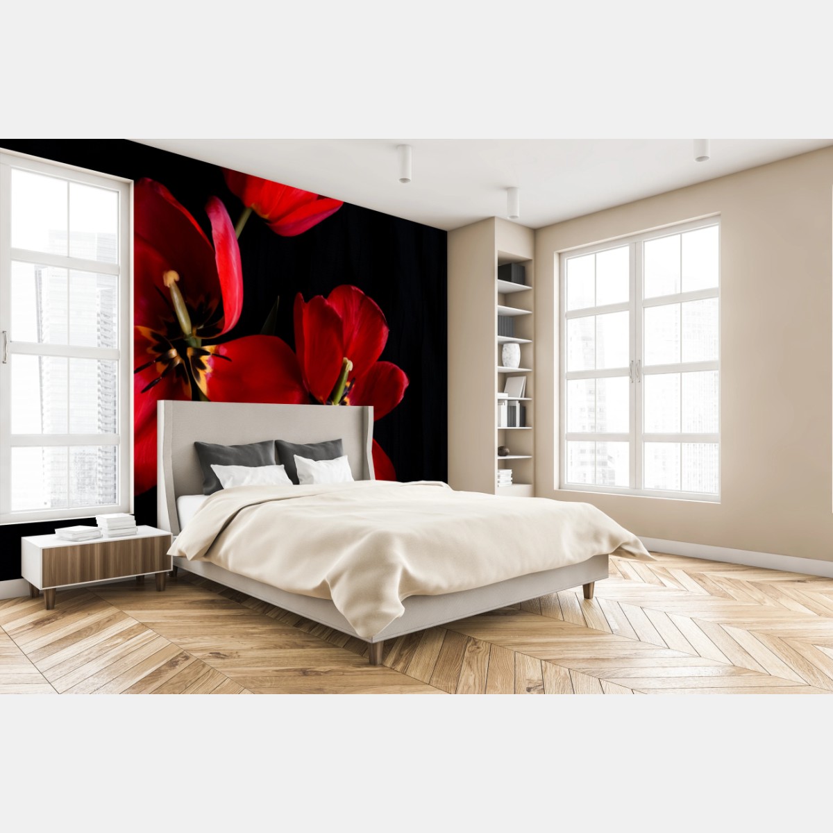 Fototapete drei rote tulpen vor schwarzem hintergrund – Wallnifity®