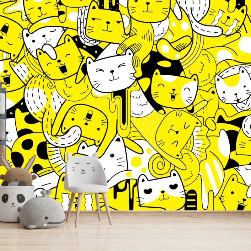 Fototapete verspielte gelbe katzen-collage – Wallnifity®