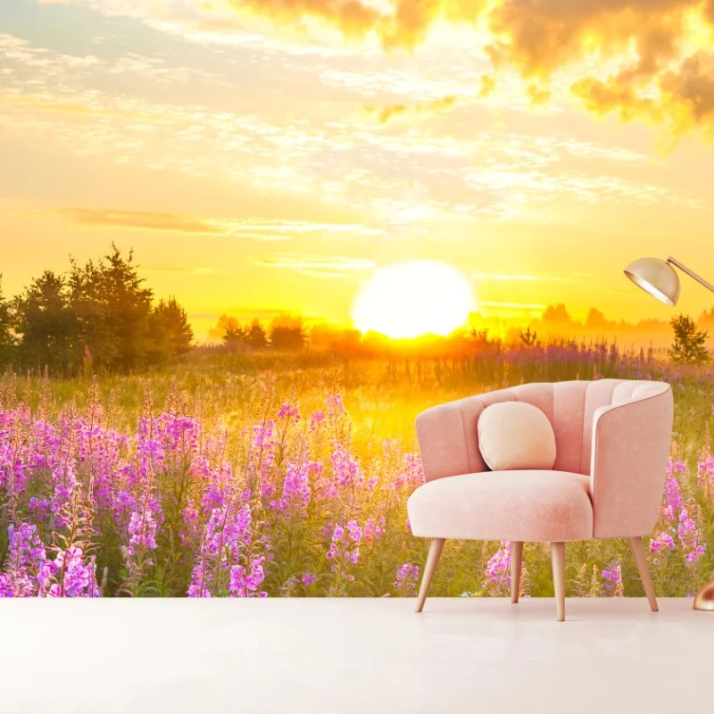 Fototapete sonnenaufgang über violetter wildblumenwiese – Wallnifity®