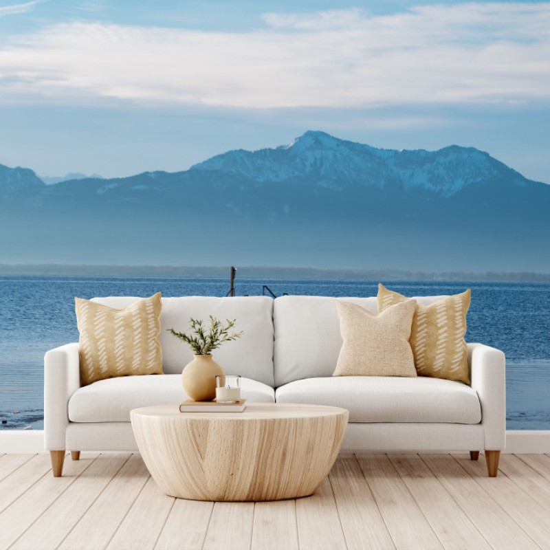 Fototapete nebliger steg am bergsee bei dämmerung – Wallnifity®