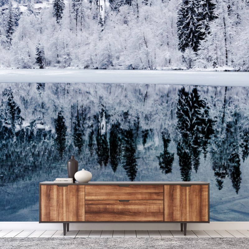 Fototapete winterlicher see mit spiegelung im verschneiten wald – Wallnifity®