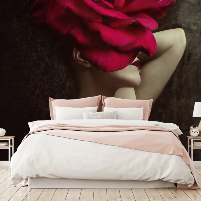 Fototapete frau mit rosenkopf surreales blumenporträt – Wallnifity®