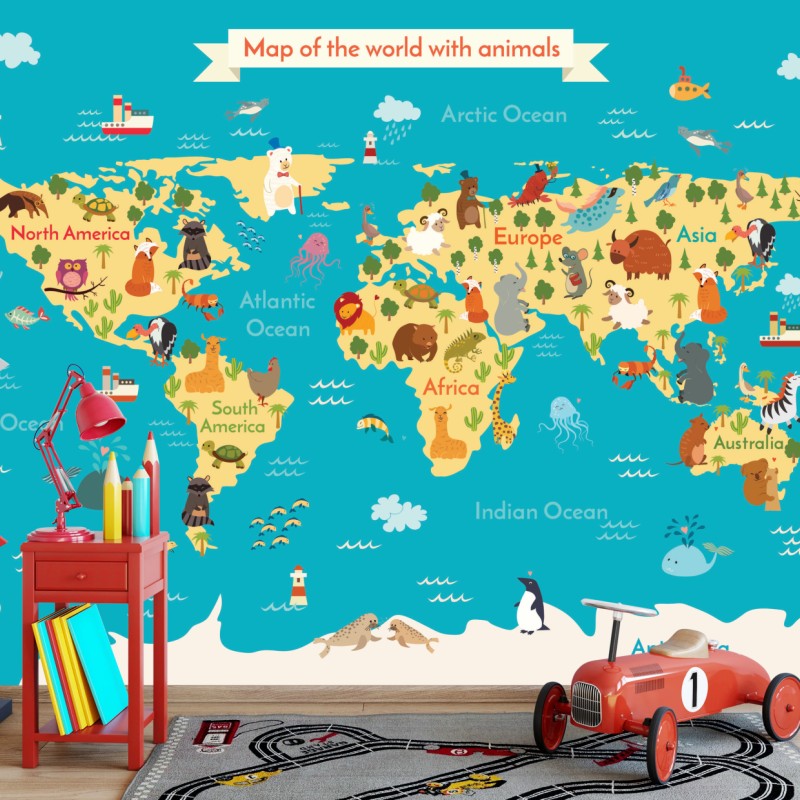 Fototapete verspielte weltkarte mit tieren – Wallnifity®