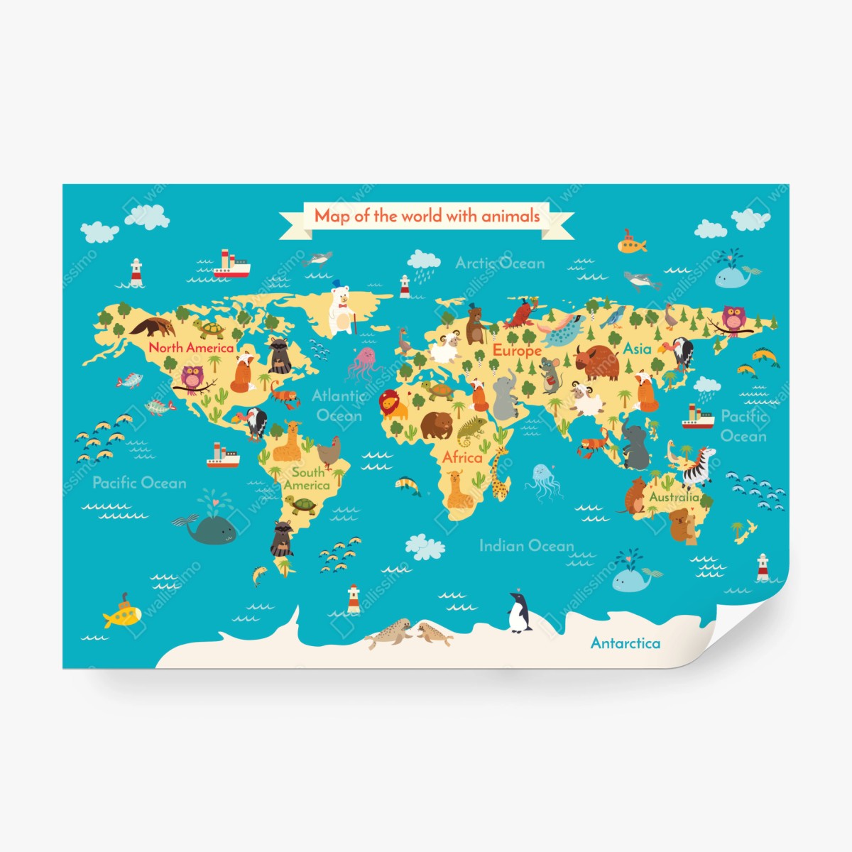 Fototapete verspielte weltkarte mit tieren – Wallnifity®