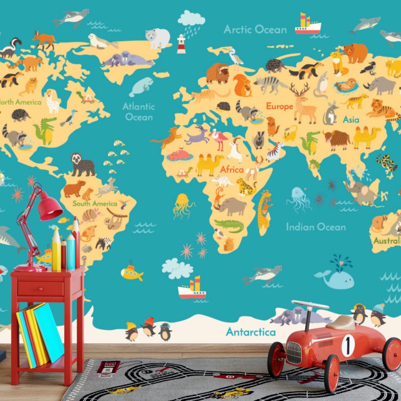 Fototapete bunte weltkarte mit tieren – Wallnifity®