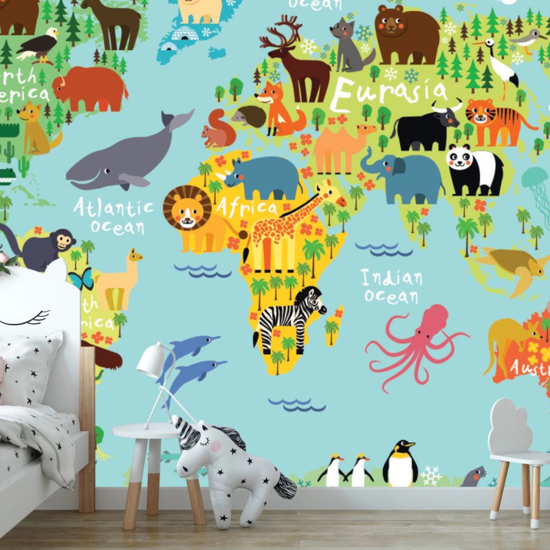 Fototapete niedliche weltkarte mit tieren – Wallnifity®