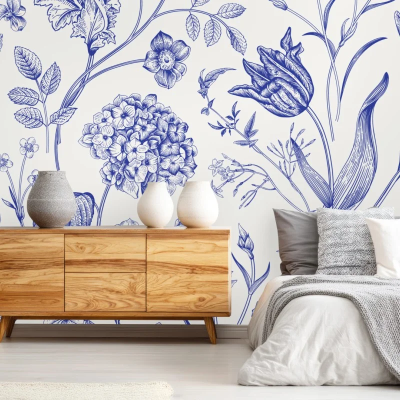 Fototapete klassisches blaues toile blumenmuster – Wallnifity®