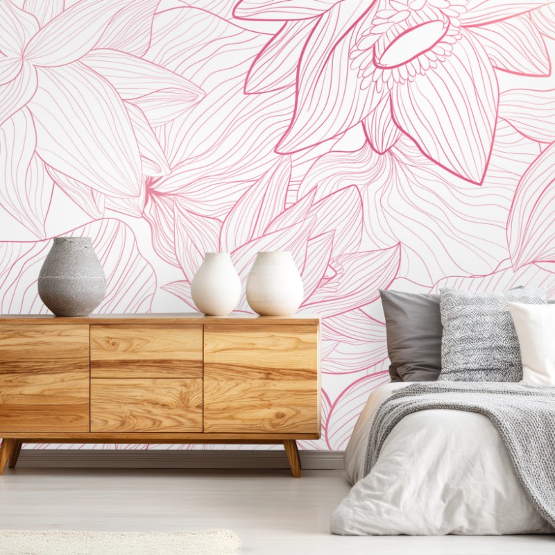 Fototapete zartes rosa blumenlinienmuster – Wallnifity®