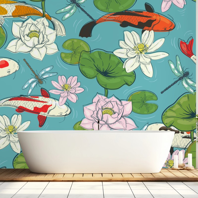 Fototapete ruhiger koi-teich mit lotuspflanzen – Wallnifity®