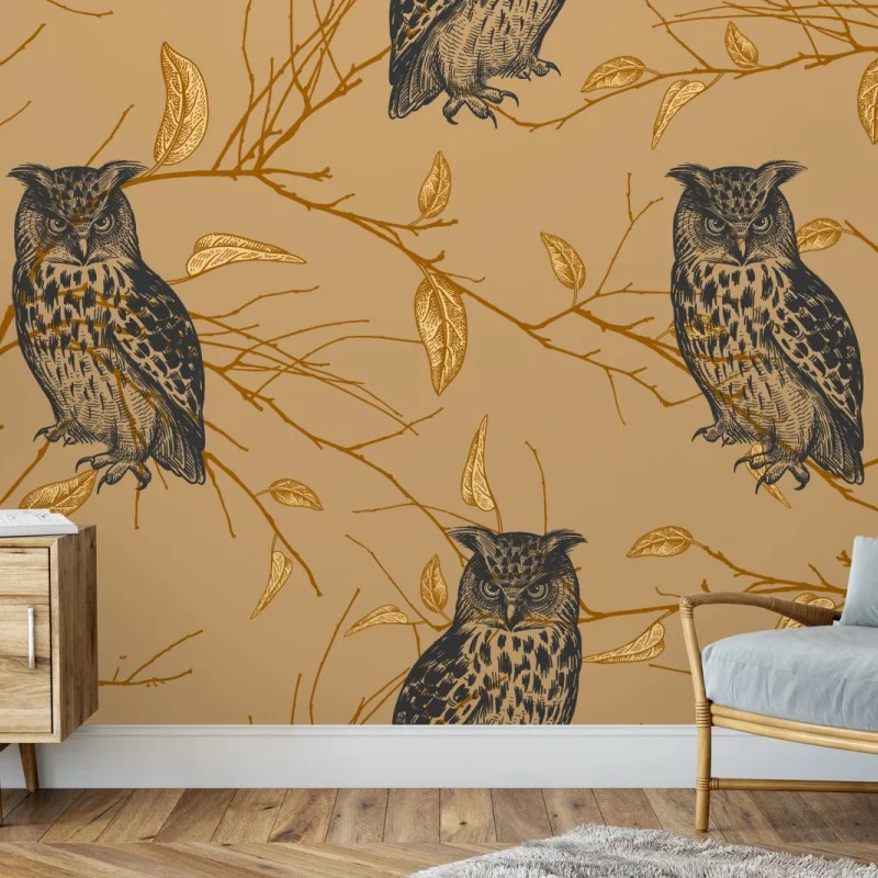 Fototapete goldenes eulenmuster auf beigem hintergrund – Wallnifity®
