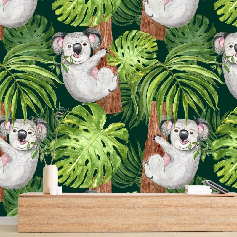 Fototapete niedliches aquarell-koala-muster mit tropischen blättern – Wallnifity®