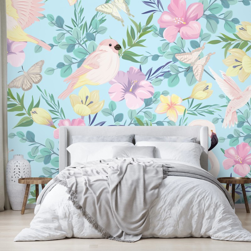 Fototapete pastell tropisches vögel- und blumenmuster – Wallnifity®