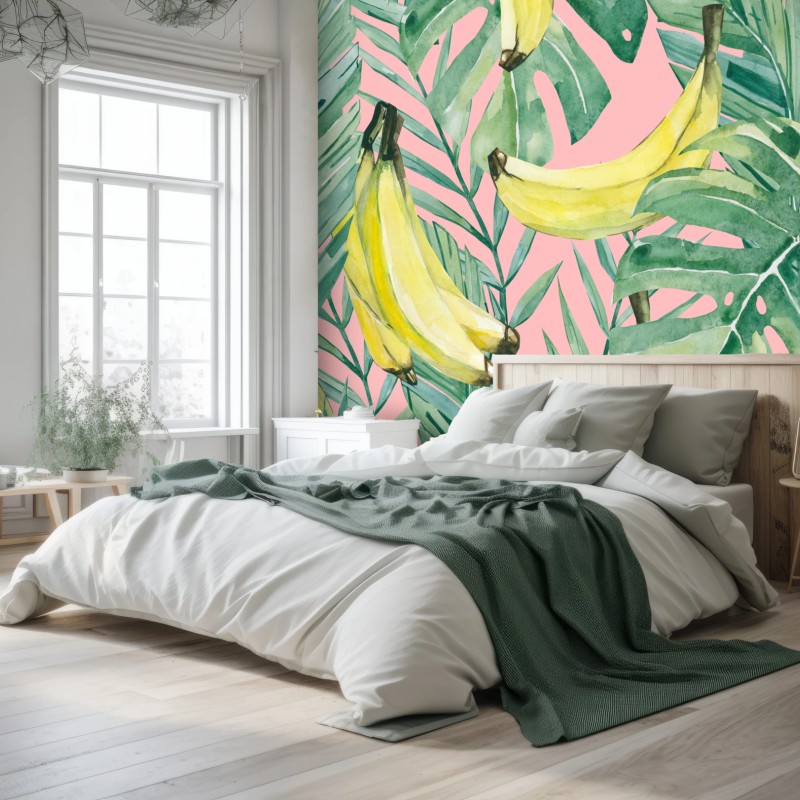 Fototapete aquarell-bananen und blättermuster auf rosa hintergrund – Wallnifity®