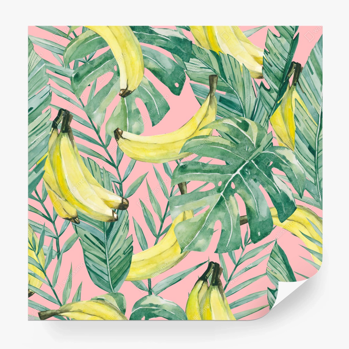 Fototapete aquarell-bananen und blättermuster auf rosa hintergrund – Wallnifity®