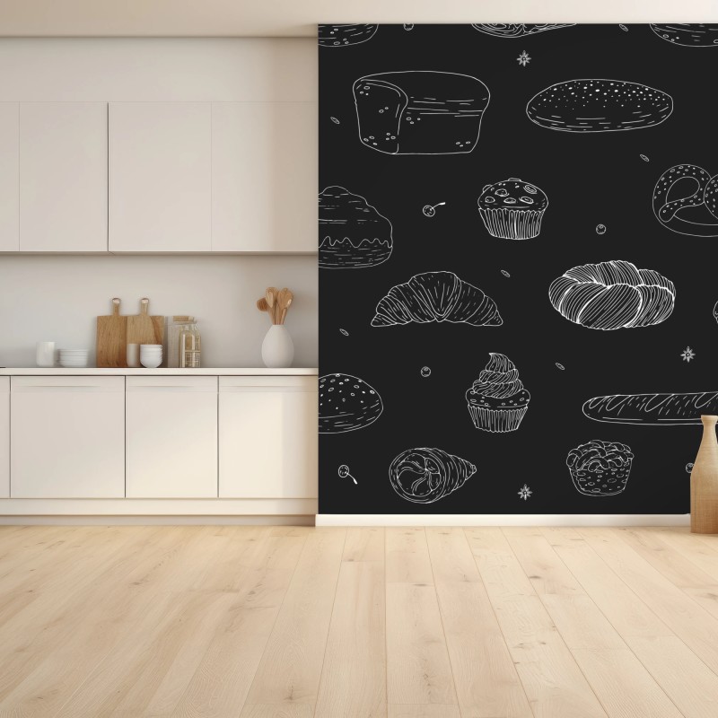 Fototapete handgezeichnetes gebäckmuster auf dunklem hintergrund – Wallnifity®