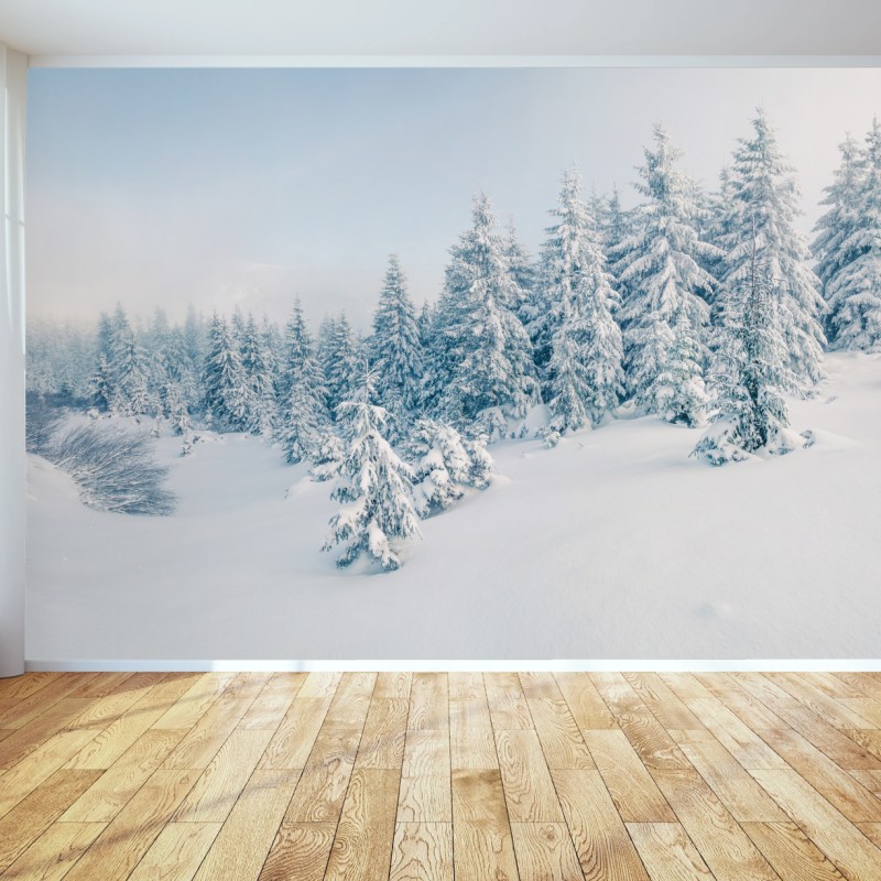 Fototapete winterliche waldpanorama mit schneebedeckten fichten – Wallnifity®