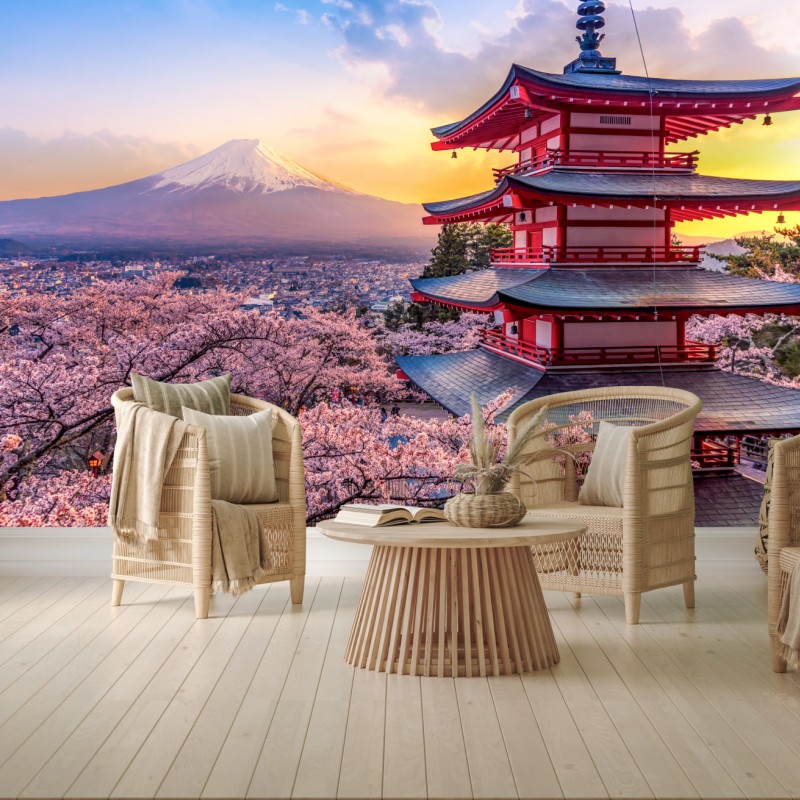 Fototapete sonnenuntergang über dem Fuji und der Chureito-Pagode – Wallnifity®