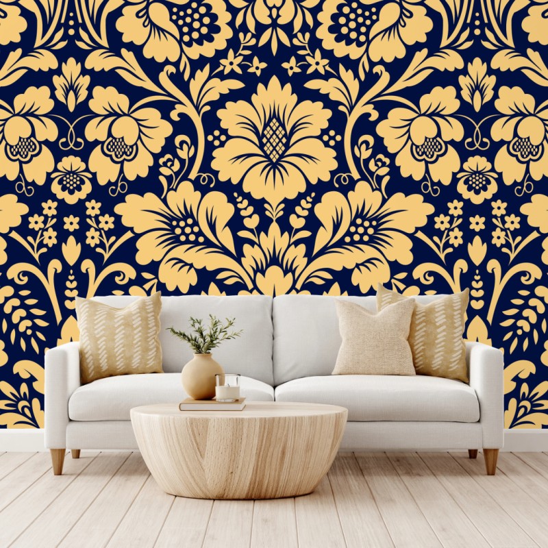 Fototapete dunkelblau-beiges damastmuster – Wallnifity®