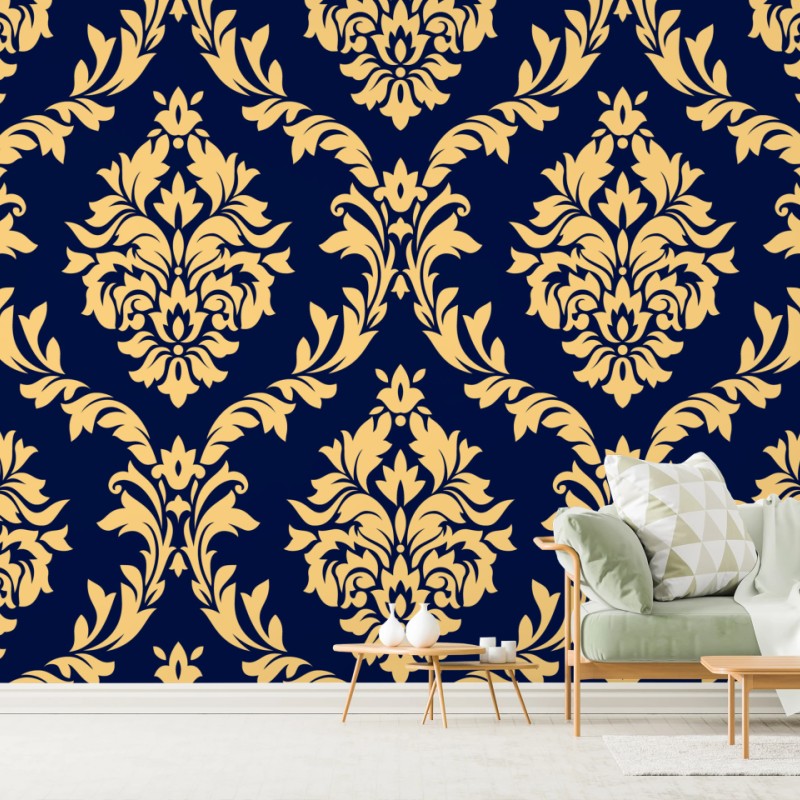 Fototapete elegantes goldenes damastmuster auf tiefblauem hintergrund – Wallnifity®