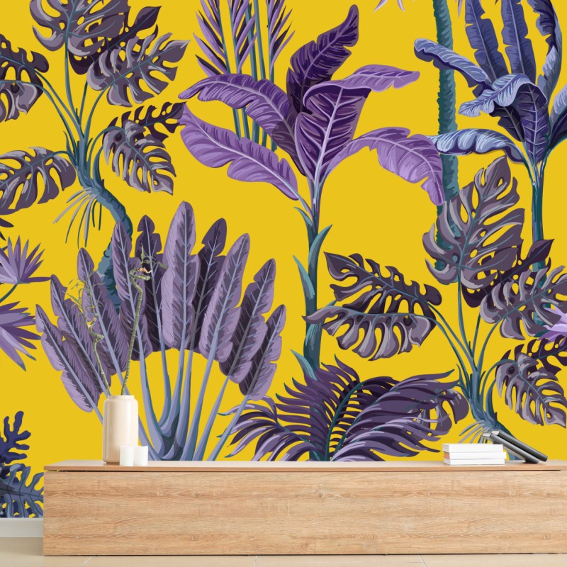 Fototapete tropische lila blätter auf gelbem hintergrund – Wallnifity®