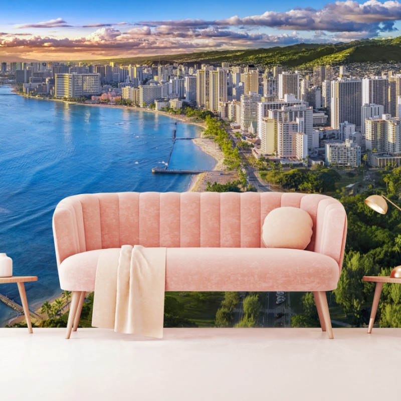 Fototapete skyline einer küstenstadt bei sonnenuntergang – Wallnifity®