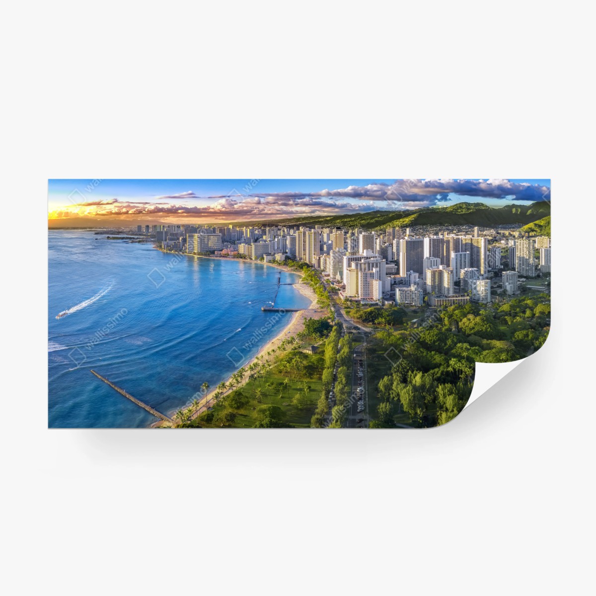 Fototapete skyline einer küstenstadt bei sonnenuntergang – Wallnifity®