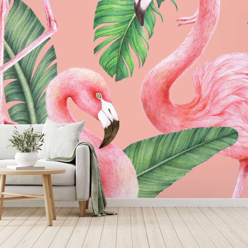 Fototapete rosa flamingo muster mit tropischen blättern – Wallnifity®
