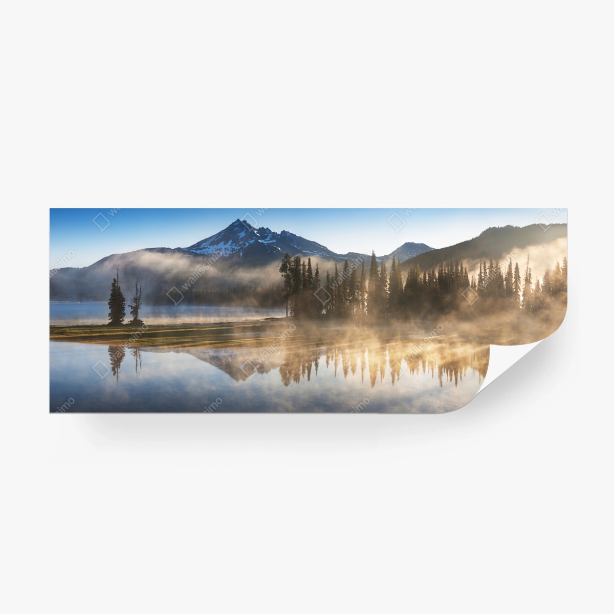 Fototapete nebliger bergspiegel am see bei sonnenaufgang – Wallnifity®