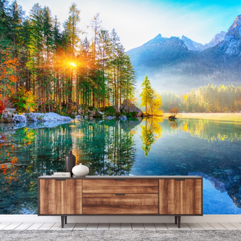 Fototapete Hintersee herbstlicher sonnenaufgang über dem türkisfarbenen see – Wallnifity®