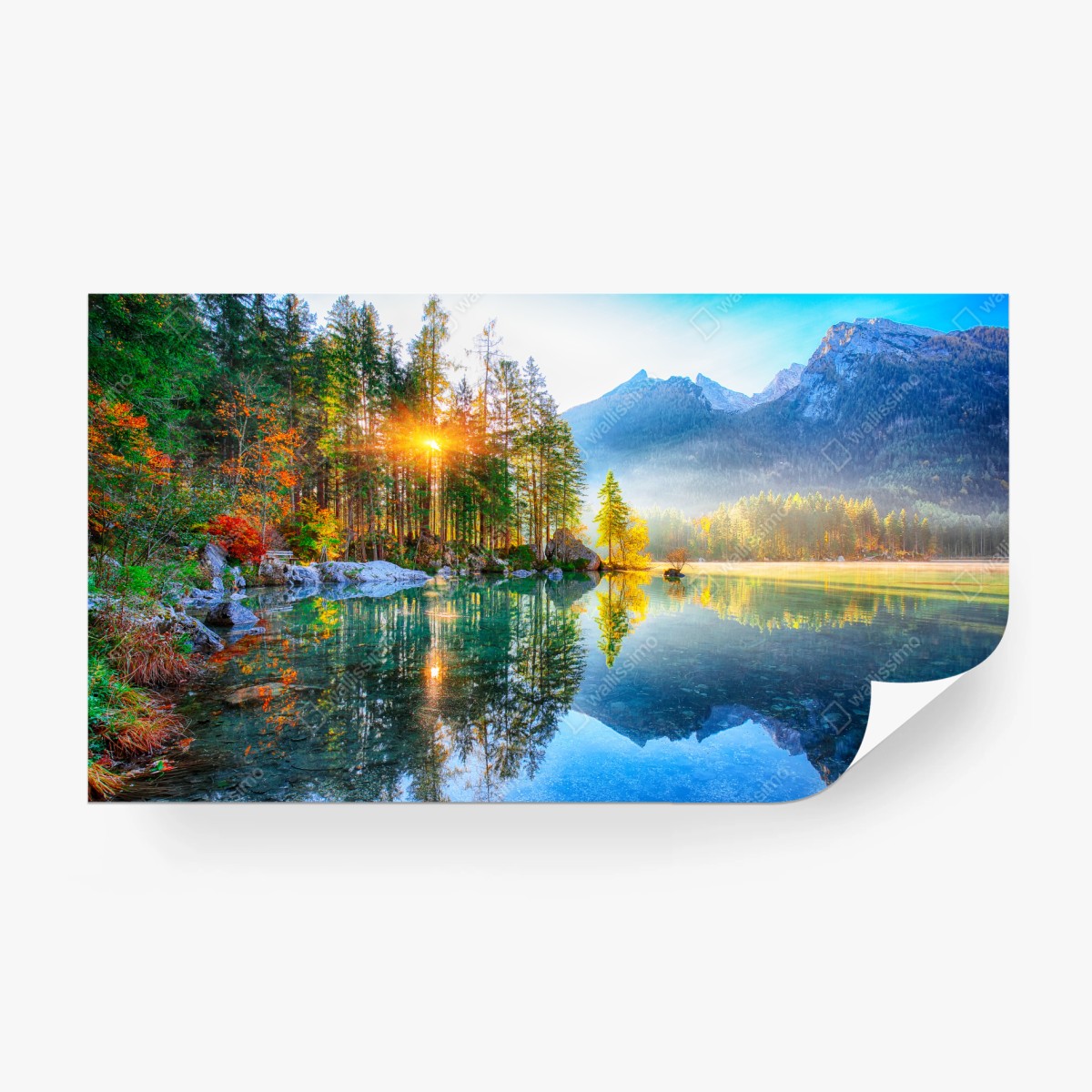 Fototapete Hintersee herbstlicher sonnenaufgang über dem türkisfarbenen see – Wallnifity®