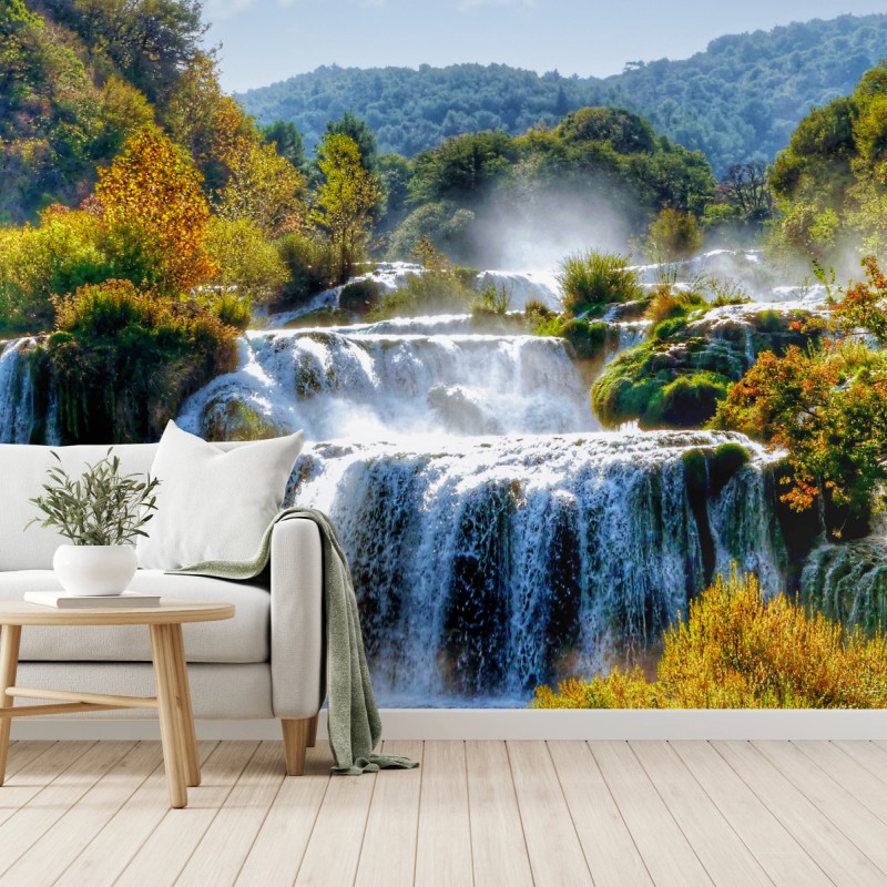 Fototapete stufenförmiger wasserfall im üppigen wald – Wallnifity®