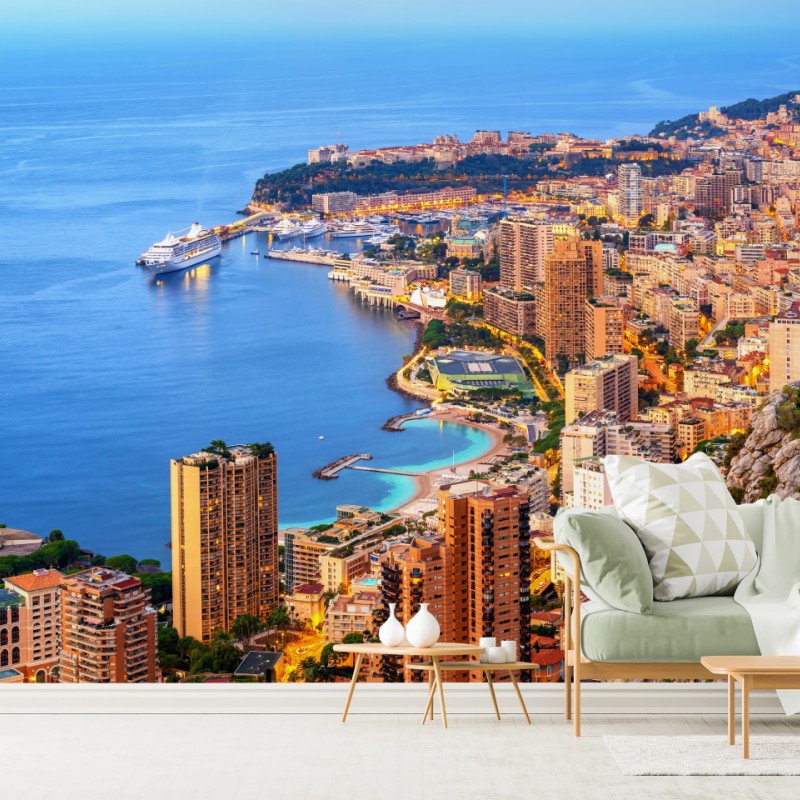 Fototapete Monaco küstenstadt panorama bei dämmerung – Wallnifity®