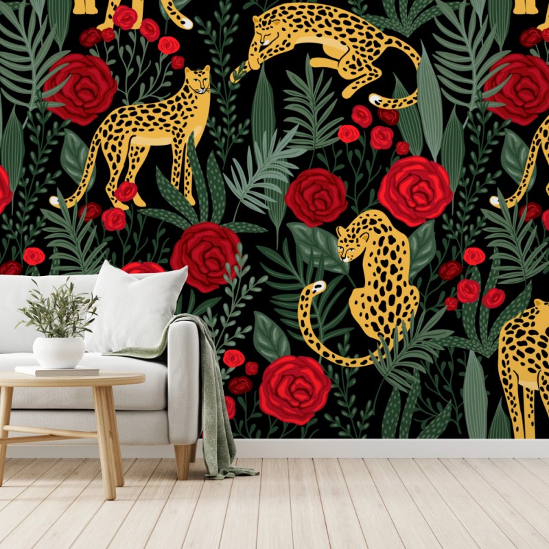 Fototapete goldene geparden und rote rosen muster – Wallnifity®