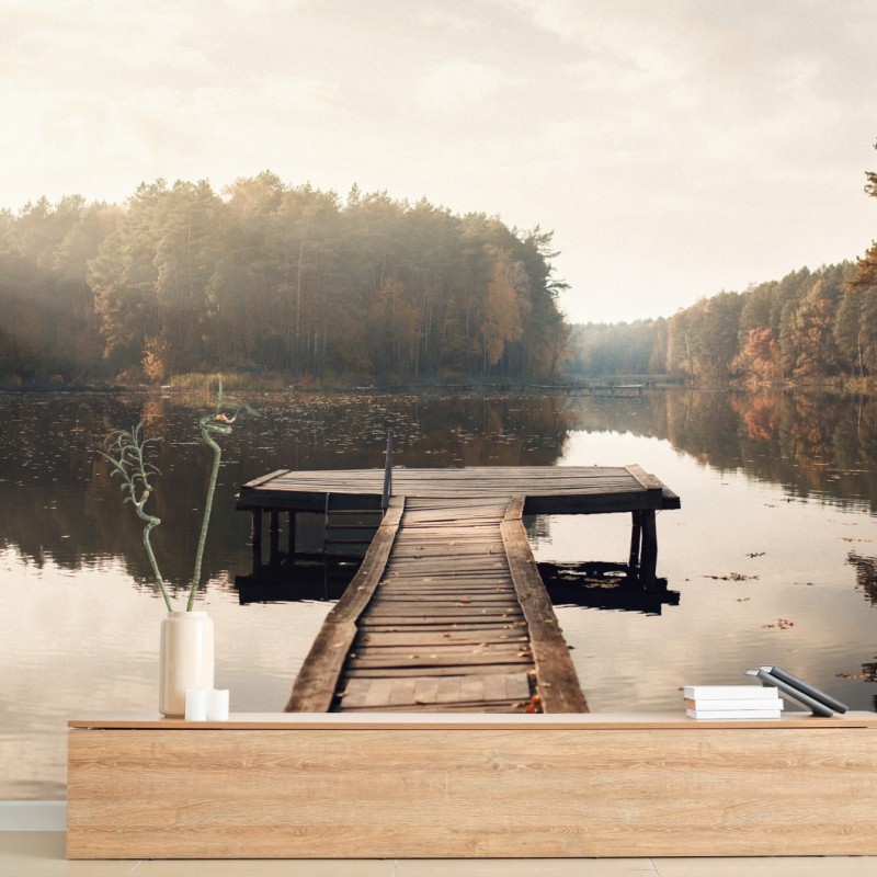 Fototapete herbstmorgen am see mit hölzernem steg – Wallnifity®