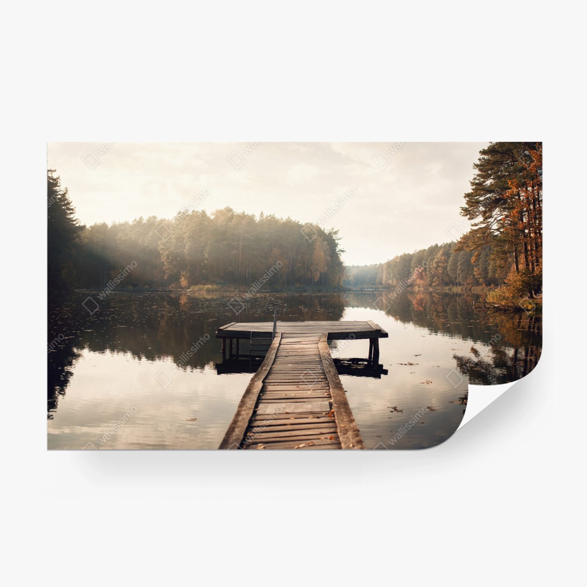 Fototapete herbstmorgen am see mit hölzernem steg – Wallnifity®