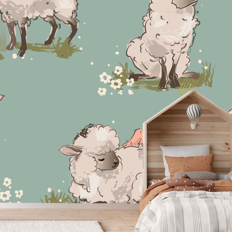 Fototapete niedliche lämmer auf türkisfarbenem hintergrund – Wallnifity®