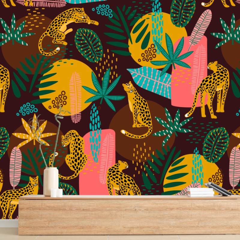 Fototapete tropisches gepardenmuster mit lebhaften blättern – Wallnifity®