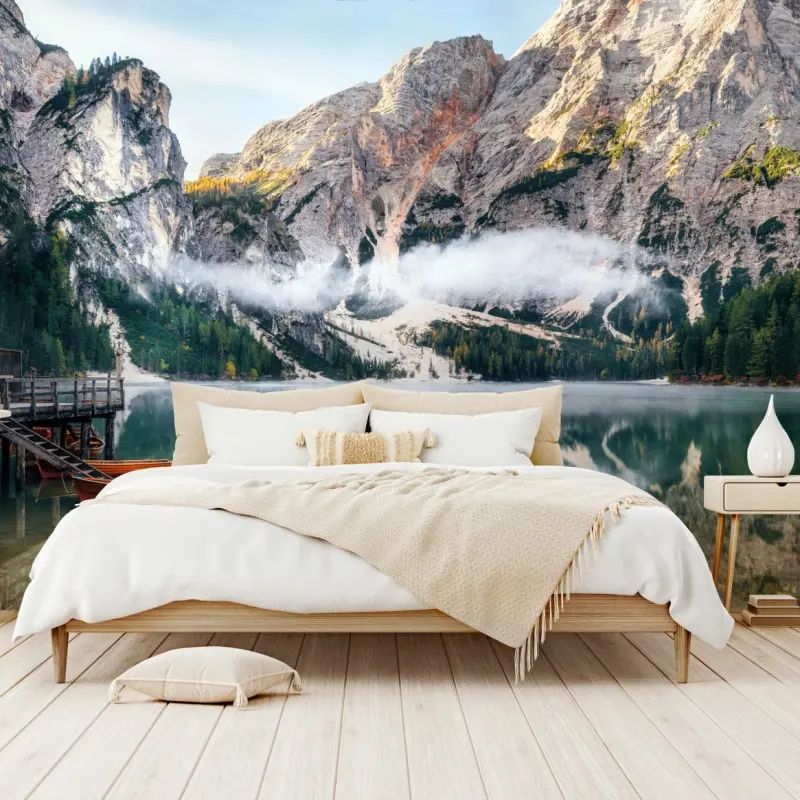 Fototapete nebliger alpensee mit spiegelung – Wallnifity® Fototapete nebliger alpensee mit spiegelung – Wallnifity®